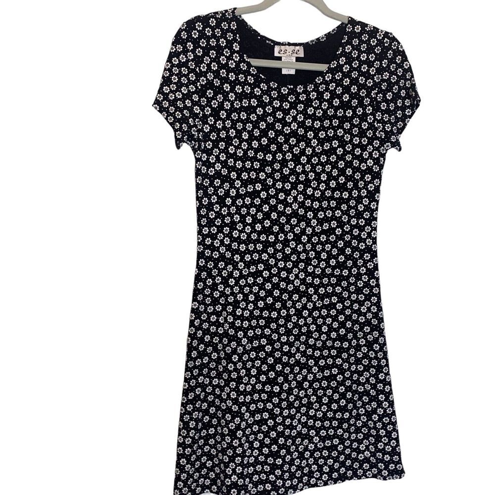 Esse Dress Womens Small Black White Daisies Textured Flared Short Sleeve Vintage